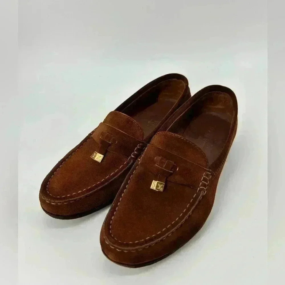 Louis Vuitton Brown Suede Shoes Leather Loafers Sz 37.5 US Womens Logo tassel